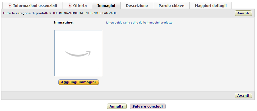 Nota bene: prima di caricare un'immagine del prodotto, rivedere l'argomento Requisiti dell'immagine.