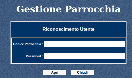 Questa è la prima maschera che si presenta dopo aver cliccato Gestione Parrocchia, quindi va inserito il Codice Parrocchia e dopo la relativa