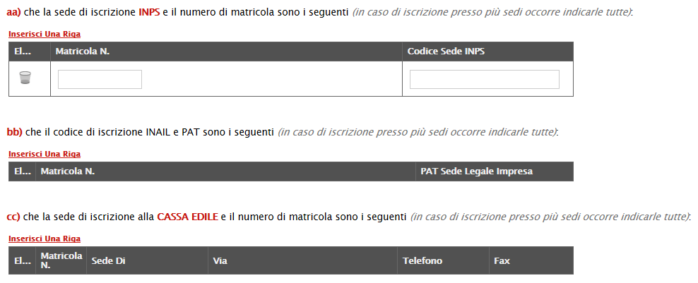 Figura 11: Richiesta di ammissione al ME Sezione Dichiara A) Dichiarazioni Inps, Inail e Cassa Edile I dati sono richiesti in corrispondenza delle Dichiarazioni aa) (Inps) bb) (Inail) cc) (Cassa