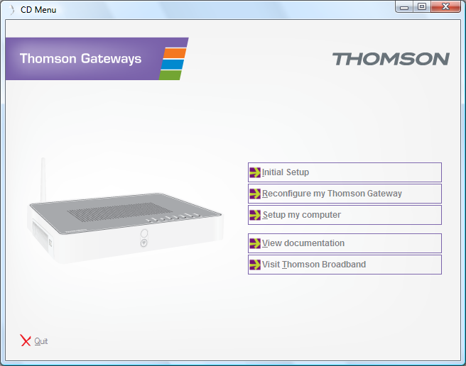 1 Installazione Menu del CD Nel menu del CD, fare clic su: Installazione iniziale per collegare il computer a Thomson Gateway e configurarlo.