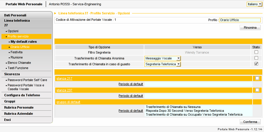 Filtro segretaria (se previsto dal proprio profilo): se attivato, le chiamate sono automaticamente deviate verso l IP-Phone della segretaria; Trasferimento di Chiamata Anonima: le chiamate vengono