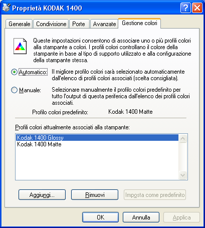 la scheda Gestione colori Dalla scheda Gestione colori è possibile selezionare i profili dei colori. 1. In WINDOWS Explorer, scorrere fino alla cartella Stampanti. 2.