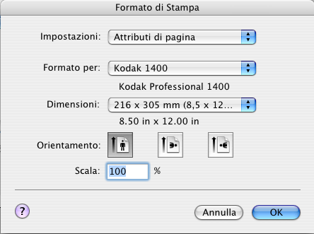 Impostazione della pagina 1. Selezionare Formato di stampa dal menu File dell'applicazione utilizzata. driver 2. Accanto a Formato per, selezionare 1400 Digital Photo Printer.