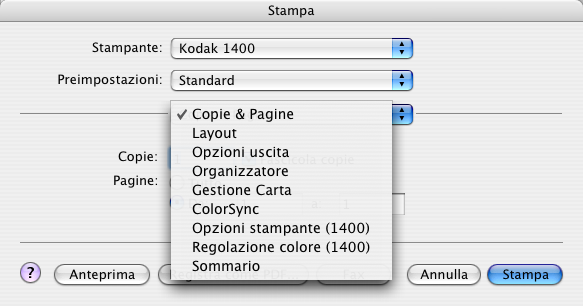 Visualizzazione delle finestre di dialogo delle opzioni di stampa Selezionare un'opzione di stampa dalla finestra di