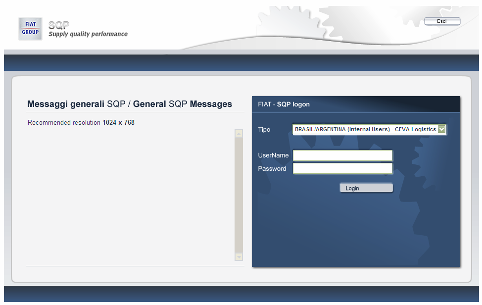 1. Accesso al sistema Per gli utenti Fiat Group la videata di accesso al sistema SQP è raggiungibile direttamente all indirizzo: http://sqp.fiat.