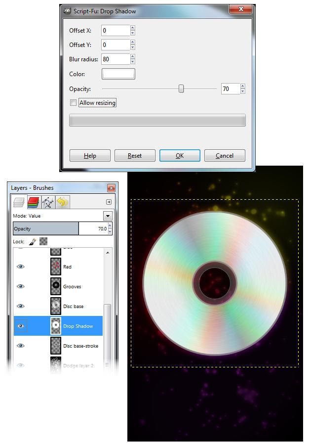 Fase 3 aggiungere gli effetti al CD Infine, selezionare il livello base del Disco ancora una volta, e fate clic su Filtri->Luce e Ombra->Drop Shadow. Impostate gli offset X e Y a 0.