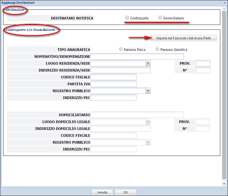 La schermata Aggiungi Destinatari è suddivisa in due parti: Destinatari Controparte e/o Domiciliatario FIGURA 11 INSERIMENTO DATI DESTINARI Destinatari Selezionare obbligatoriamente a CHI INVIARE L