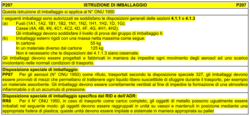 117 Nuove Istruzioni ISTRUZIONI DI IMBALLAGGIO (4.1.4) P207 relative ai Generatori aereosol (UN 1950).