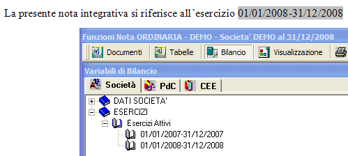 BILANCI E ANALISI: Elaborazione della Nota Integrativa - 37 1) Posizionare il cursore dove si desidera scrivere la variabile di bilancio La variabili di Bilancio sono evidenziate in colore