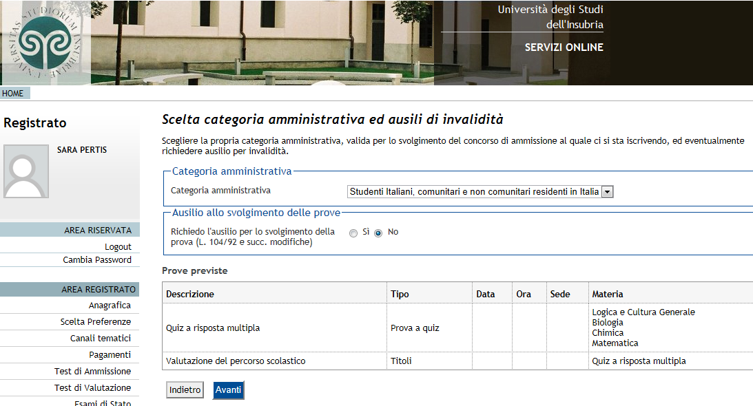 In questa schermata dovete indicare la categoria amministrativa (Studenti italiani, comunitari e non comunitari residenti in Italia).