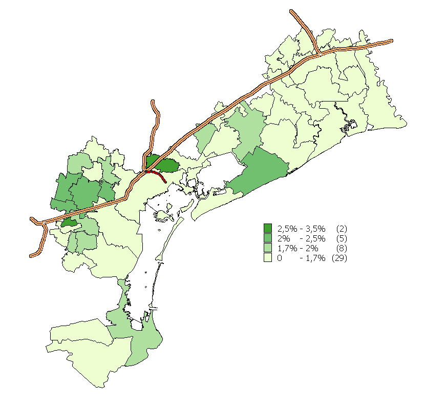 Figura 13: Mappa della distribuzione dell comunale Da Tabella 6 a Tabella 9 sono riportati nel dettaglio, a livello di ogni singolo comune, per macroaree provinciale di appartenenza, il nel II