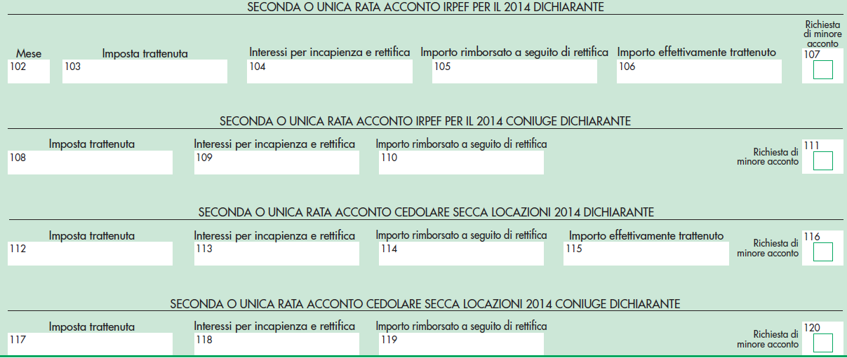 Le caselle dei punti 107, 111, 116 e 120 devono essere