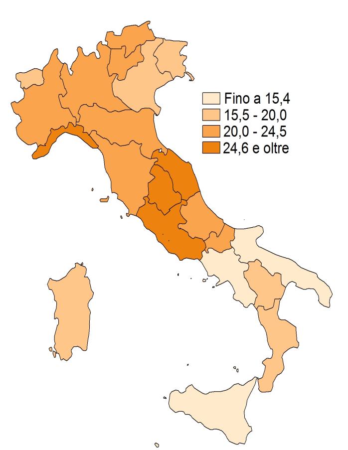 Popolazione in età 30-34 anni che ha conseguito un titolo di studio universitario per regione-anno 2010 (valori percentuali) Il 19,8 per cento dei 30-34enni ha conseguito un titolo di studio