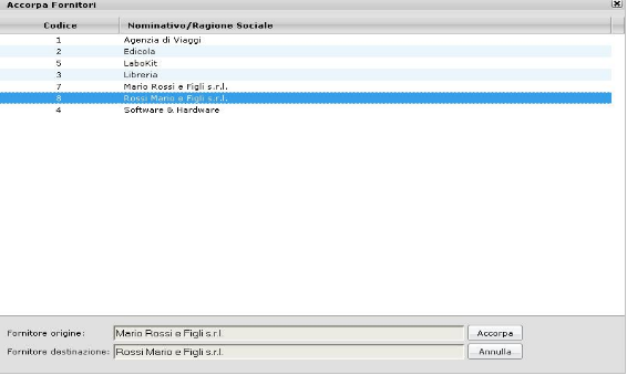 ACCORPAMENTO Dalla presente funzione è possibile accorpare eventuali fornitori doppioni: il sistema riporta sulla finestra l'elenco dei fornitori, da cui selezionare il Fornitore origine (il doppione