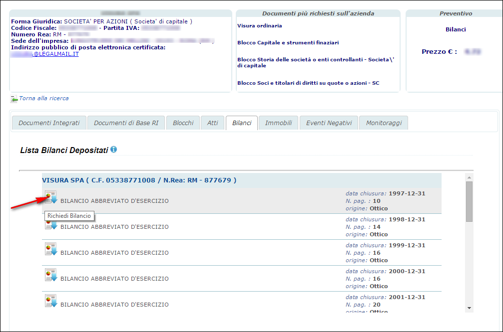 Bilanci Dopo aver individuato l impresa attraverso la Ricerca R.I.