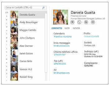 Scheda Contatto: sono raccolti tutti i dettagli principali relativi a un contatto: telefono, posta elettronica, indirizzo, informazioni sull'azienda, aggiornamenti dei