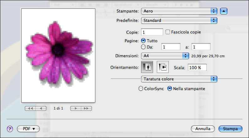 OPZIONI DI STAMPA COLORWISE 35 Mac OS X v10.5 e v10.6: selezionare Taratura colore dall elenco a discesa, quindi fare clic su Nella stampante.