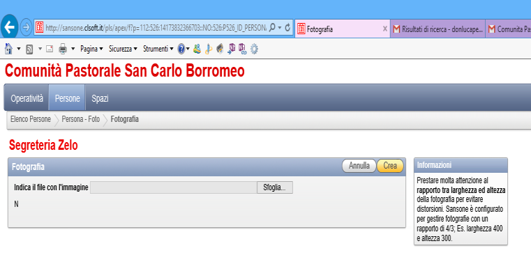 Per inserire la foto occorre cliccare sulla scritta foto nell anagrafica Quindi cliccare su crea e selezionare la foto che si desidera inserire recuperandola nelle proprie cartelle del pc cliccando