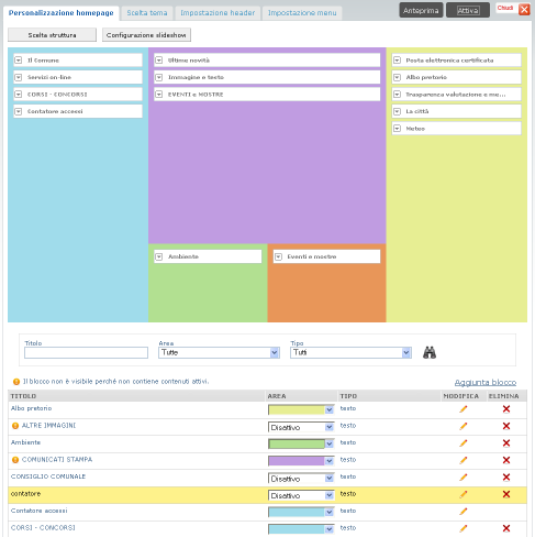 Gestione home page egovernment L home page del portale Halley egovernment permette all Amministrazione di pubblicare contenuti e informazioni e di organizzarle in blocchi.