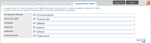 Mettere un segno di spunta sulle aree che si intende abilitare e selezionare il bottone Salva. Modificare il titolo: cambiare la dicitura presente a destra del segno di spunta.