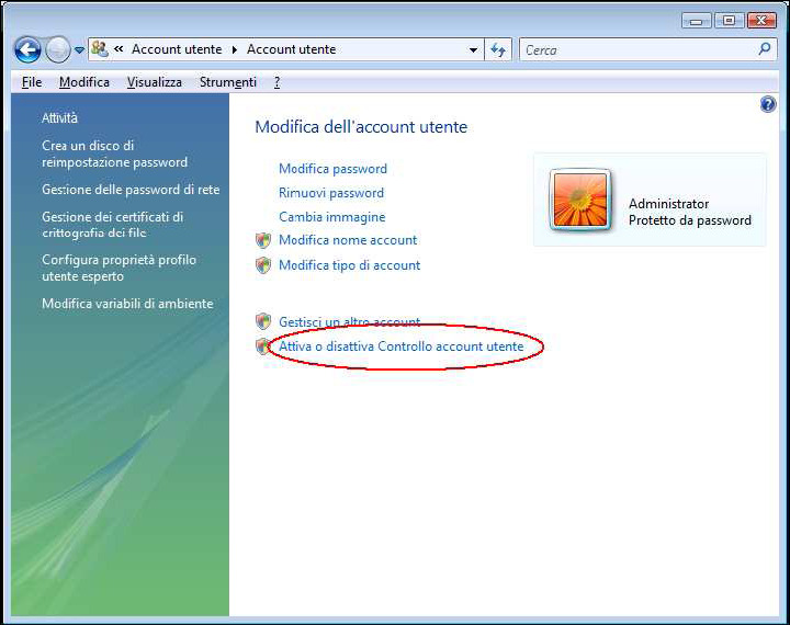 2. Fare click su Attiva o disattiva Controllo account utente 3. Deselezionare la casella indicata nella figura, quindi fare click sul pulsante OK e riavviare il computer.