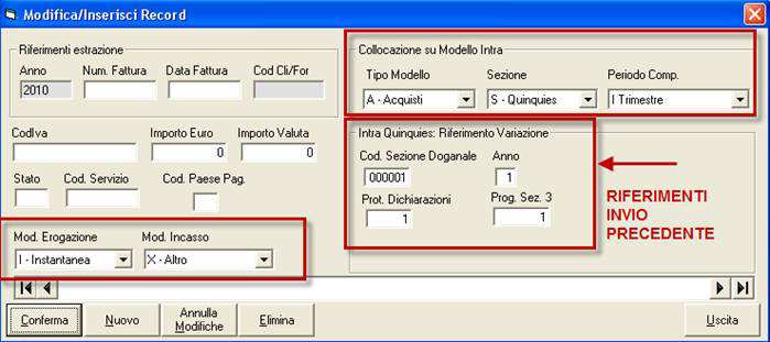 INTRA: Elenchi Cessioni ed Acquisti - 27 Esempio di file di LOG per gli Intrastat sezione Quinquies Questo file riporta tutti i dati relativi alle note di credito di servizi CEE da inserire