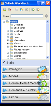 Introduzione a MimioStudio Galleria MimioStudio contiene quattro cartelle principali: Annotazioni schermata, Pacchetti di contenuti importati, Domande e risultati e Galleria.