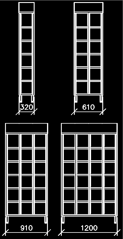 CASELLARIO SENZA ANTE X4007/05-01 1 colonna, 5 vani mm 320 x 400 x 1950 / 2160 H X4007/10-01 2 colonne, 10 vani mm 610