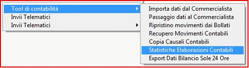 14 Summa Professionisti <VERSIONE> Nel "Tool di Contabilità" è stata aggiunta l'opzione "Statistiche Elaborazioni Contabili", come mostrato dall'immagine.