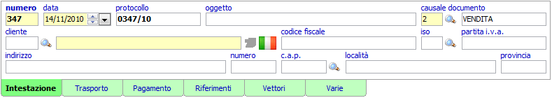 Successivamente troviamo la testata del documento: come si può notare è suddivisa in più schede, dal momento che i documenti sono definiti da numerosi campi, e non sempre questi sono significativi