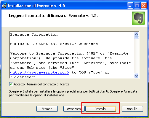 Installare Evernote 1. Cliccare due volte sull'icona eseguibile di Evernote, appena scaricato. 2.