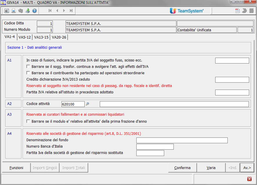 2.1 SEZIONE I Dati analitici generali VA1 Partita Iva del soggetto fuso, scisso, ecc.