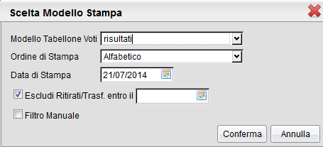 Stampe Scrutini Stampe voti: consente principalmente la stampa del Tabellone voti. Ricordiamo che i profili di stampa dei tabelloni voti sono personalizzabili tramite il programma Argo Alunni.