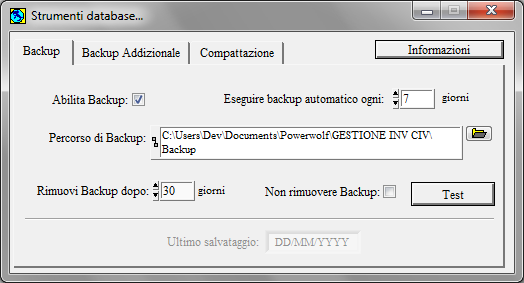 BACKUP e SICUREZZA DEI DATI (torna all'indice) Per garantire una certa sicurezza e robustezza dei dati, l'accesso al programma e il database principale sono protetti da password.