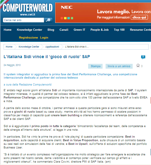 24/05/10 Computerworld L italiana SIDI vince il gioco di ruolo SAP
