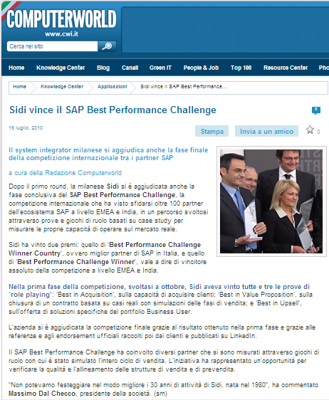 16/07/10 Computerworld SIDI vince il SAP Best Performance Challenge