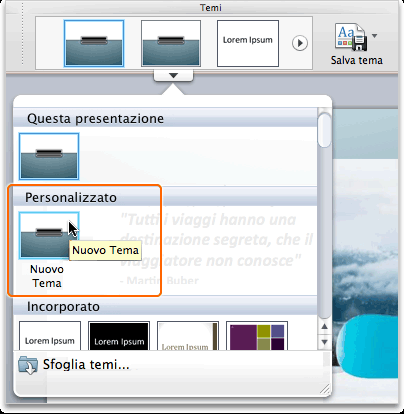 Nella casella Salva con nome, digitare Nuovo Tema, quindi scegliere Salva.