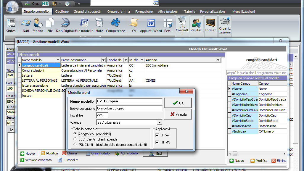 Sezione Gestione Modelli Word File allegati al personale ed ai candidati - Gestione documentale del personale in H1 Gestione documentale del personale e stampa unione: