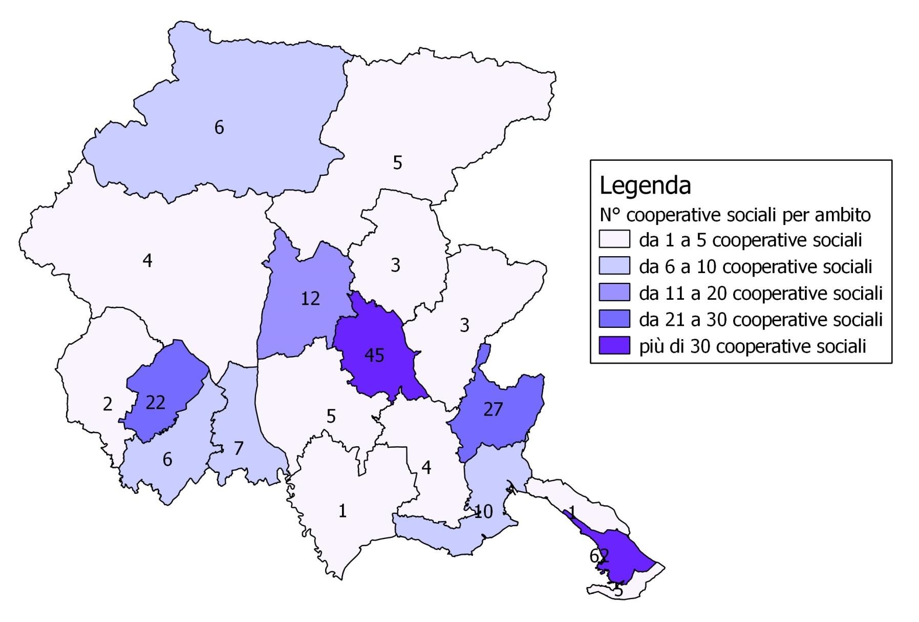 Cooperative sociali per ambito distrettuale (rappresentazione cartografica) Sono