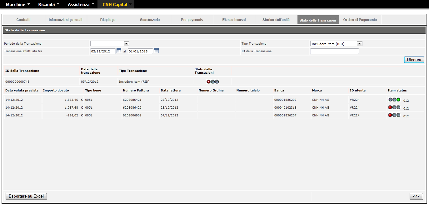 Cliccando due volte sul numero ID della transazione, è possibile visualizzarne i dettagli v Premendo si esporta l'elenco su Excel.
