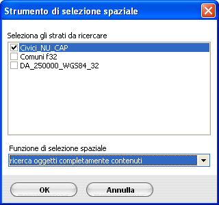 Strumento : Ricerca spaziale Questo strumento consente di ricercare ed evidenziare tutti gli oggetti grafici che ricandono all interno di un area di interesse.