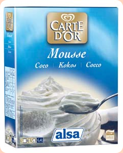 Mousse al Cocco Codice articolo 8715 6x0,67 kg Preparato in polvere per Mousse al Cocco. La qualità superiore di Carte d Or: con ingredienti selezionati gusto intenso e delicato.