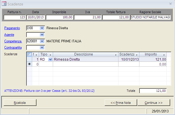 fig. 2 In fase di registrazione di fatture con IVA per cassa sia di acquisto che di vendite - è sufficiente sia selezionata IVADiff, in tal modo, al momento della memorizzazione della registrazione,