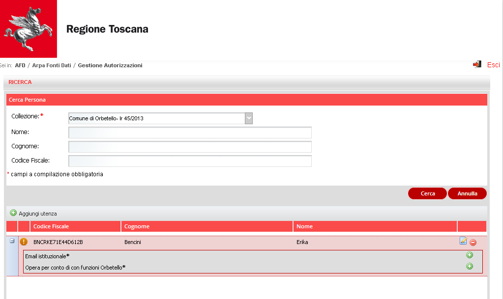 A inserimento compiuto la nuova utenza viene visualizzata con l'icona di un punto esclamativo.