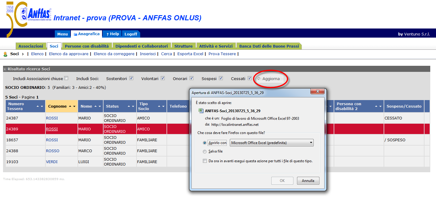 Cliccando il tasto Esporta Excel, si aprirà un finestra al centro dello schermo in cui Vi verrà chiesto di salvare o aprire un file in formato excel contenente tutti i dati delle schede relative ai