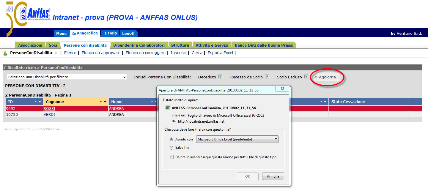 Cliccando il tasto Esporta Excel, si aprirà un finestra al centro dello schermo in cui Vi verrà chiesto di salvare o aprire un file in formato excel contenente tutti i dati delle schede relative alle