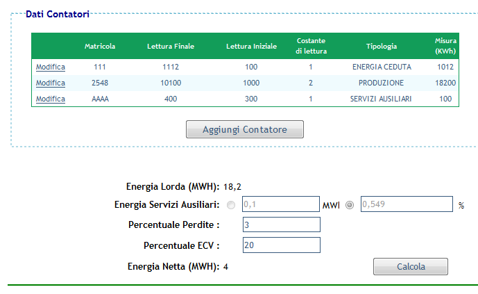 Modifica dati /Elimina contatori Per ogni contatore inserito l operatore ha la possibilità di modificarne i dati premendo sulla voce Modifica in relazione al contatore di interesse.