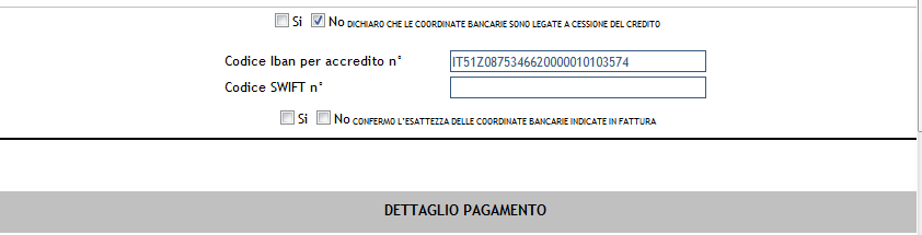 Nel caso in cui non dobbiamo generare una nota di credito, dopo aver valorizzato il numero della fattura e la data, bisogna dichiarare se le coordinate sono legate a cessione del credito o meno.