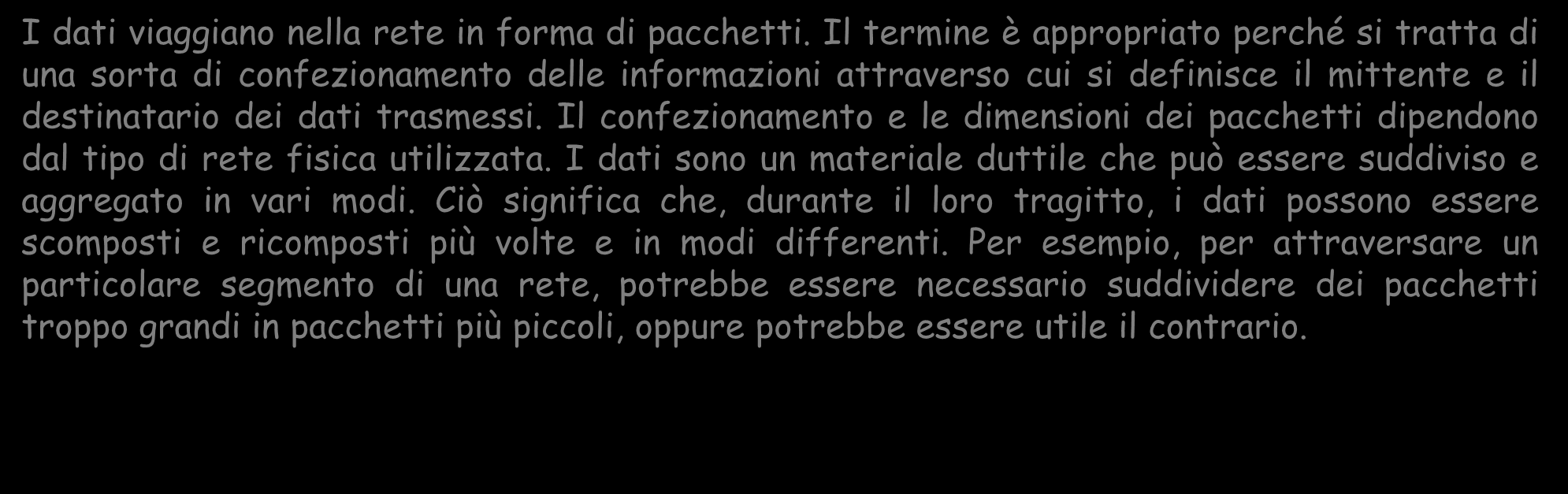 I PACCHETTI I dati viaggiano nella rete in forma di pacchetti.