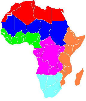 DIVIDIAMO L AFRICA IN GRANDI REGIONI GEOPOLITICHE: Africa del Nord - colorata in rosso - raggruppa i paesi bagnati dalle acque del Mediterraneo, il "Maghreb" è una subregione.